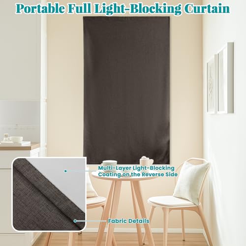 Image of 100% Blackout Magic Tape Stick On Curtains Window Shades Pull Down Blackout Window Cover No Drillng Self Adhesive Curtains No Rod Small Windows, W35 x L60 inch, 1 Panel, Dark Brown