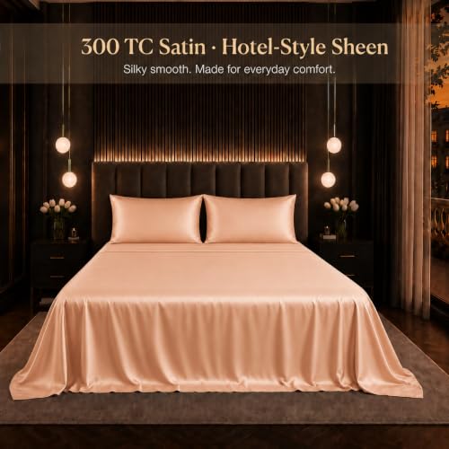Image of Cloth Fusion Flat Satin Bedsheet Super King Size 108x108 inch | Peach, 2 Pillow Covers, 300 TC, Glossy Finish, Smooth on Hair and Skin, Gift for Couples, Wedding & Anniversary