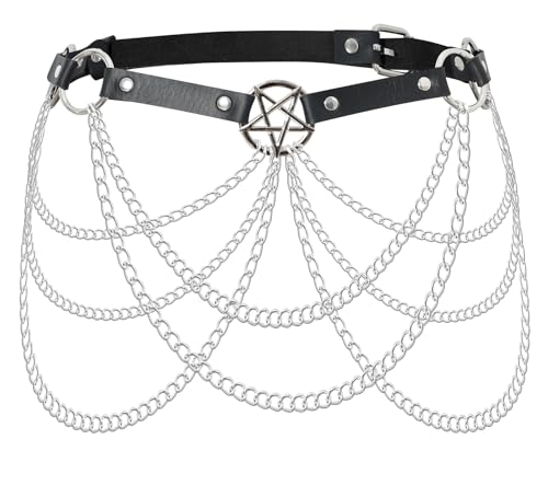 WARANDOD Rave Waist Chain Belt Punk Black Leather Body Accessories Adjustable Body Jewelry Goth Belt for Women (Fits Waist 29.92IN-39.76IN)