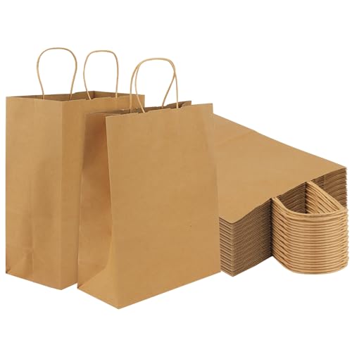 FUNSUEI 50 Stück 26 x 12 x 33 cm Papiertüten Groß, 120gsm Braun Papiertüten mit Henkel, Kraftpapiertüten für DIY, Mitnehmen, Geschäfte, Einkaufen, Geburtstag, Einzelhandel