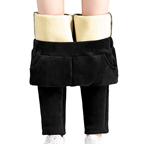 Pantalones de terciopelo para mujer genéricos con dos bolsillos para pantalones de color liso, pantalones de cintura alta, pantalones de otoño e invierno, pantalones bajos gruesos, ropa cómoda, Negro