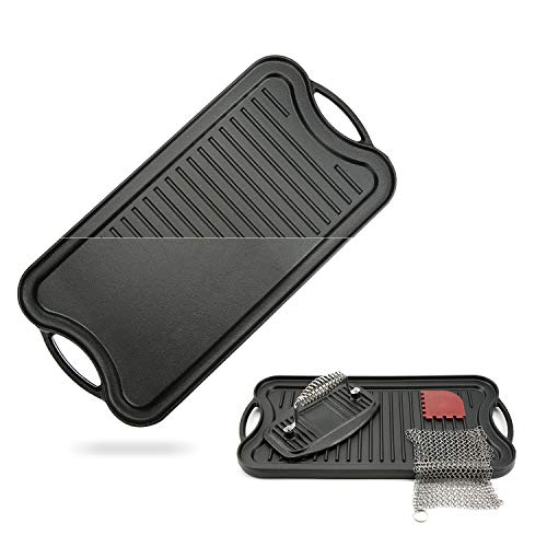 COOKWIN Cast Iron Griddle Grill Pan, 20\"x10\" Pre-Seasoned Cast Iron Griddle for Stovetop with Accessories Includes Cast Iron Grill Press (5\"x 9\"), Grill Pan Scraper and Chainmail Cleaner
