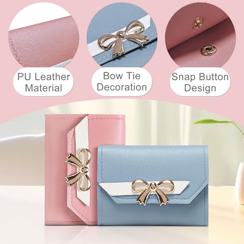Women Purse Bifold Slim Leather Purse Soft Ladies Wallet with Bowknot and Buckle Women’s Wallet with ID Window (Blue)4