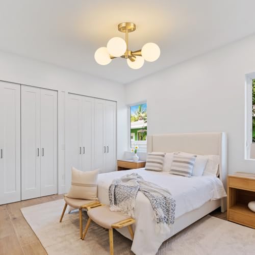 Image of Mid Century Modern Ceiling Light with Milk White Glass lampshade Gold Semi Flush Mount Ceiling Light Fixture Sputnik Chandelier for Bedroom Living Room Dining Room Foyer Hallway(4-Lights)