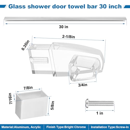 Glass Shower Door Towel Bar 30\" Bright Chrome Compatible with Alumax Basco Sliding Shower Door Handle Replacement w/Silver Transparent Brackets Fits Framed Shower/Tub Enclosure Doors Up to 31\" Wide - Thumbnail 2