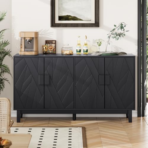 Sideboard Buffet Kitchen Storage Cabinet with 4 Doors, Black Accent Cabinet with Adjustable Shelves, Multifunctional Console Table for Living Room, Kitchen, Entryway, Hallway