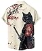 GoofyDaddy Men's Japanese Black Cat Warrior Button Down Shirt, Short Sleeve, Cream with Cherry Blossoms, Regular Fit, Summer Casual Wear