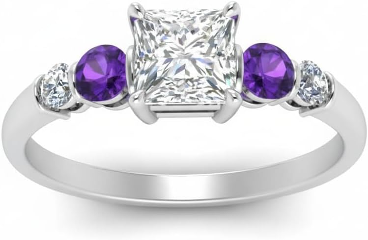 Choose Your Gemstone Round Accent Bar Diamond CZ Sterling Silver Princess Shape Side Stone Daily wear Engagement Rings Prong Setting Ring Size US 4 to 12