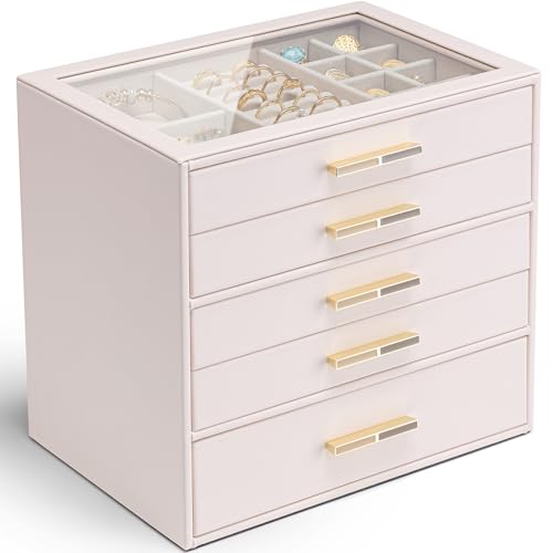 Vlando Jewellery Box for Women, Glass Lid Jewellery Organiser with 5 Drawers for Ring, Necklace, Earring, Bracelet,Gift for Women,Pink 5 Layer B.pink