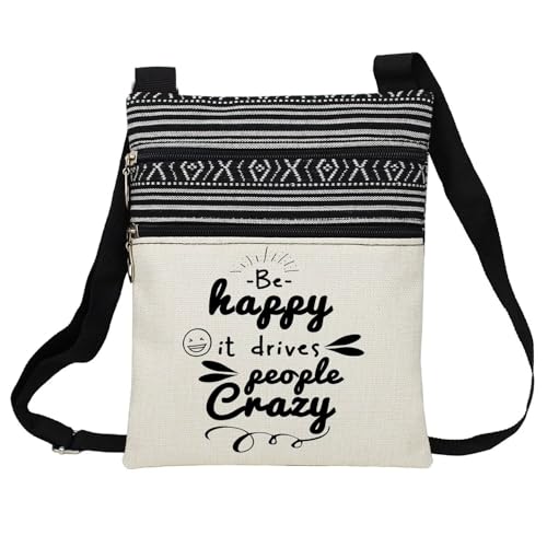 Be Happy Messenger Bag Small Ethnic Pattern Printed Adjustable Strap Crossbody Zipper Bag Phone Bag Wallet Cute Shoulder Handbag Inspirational Present for Women
