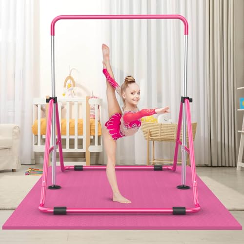 RINREA Gymnastic Bars for Kids with Adjustable Height, Folding Gymnastic Training Kip Bar, Expandable Horizontal Bar for Home (Pink_Mat) by RINREA - Image 7