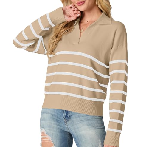 GRECERELLE 2024 Sweaters for Women Trendy Long Sleeve V Neck Striped Sweater Women Winter Chunky Pullover3