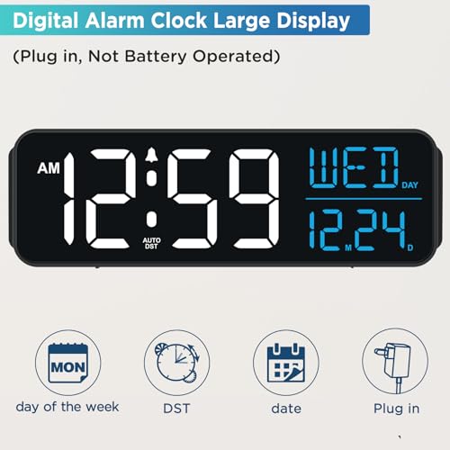 Image of Peakeep Large Display Digital Alarm Clock for Bedrooms, Date Day of Week Calendar Desk Table Clocks for Living Room Office, Dimmable Plug in Electric Clock, 5 Volumes, Loud, Auto DST