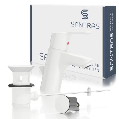 SANTRAS® Waschtischarmatur Bad in Weiß (RAL 9003, glänzend) mit Zugstange & Exzenter Ablaufgarnitur – Einhebelmischer-Mischarmatur warm/kalt für 1-Loch Waschbecken – Wasserhahn mit Ablaufgarnitur