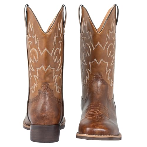 J's.o.l.e Western Mens Cowboy Boots Square Toe Wide Calf Pull On Slip Resistant Country Work Riding PU Leather Boot Brown2