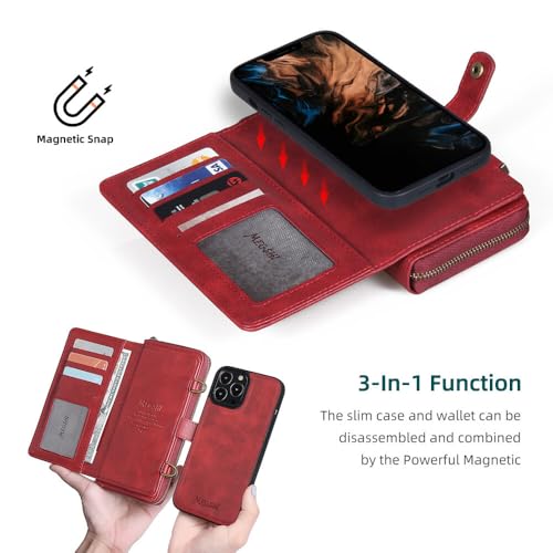 Housse cuir iPhone 13 rouge de 6,1 pouces avec clapet aimanté multifonction - 2