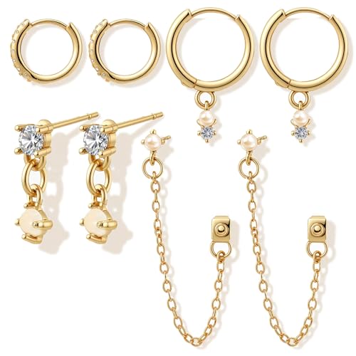 Image of 4 Pairs Gold Layered Earring Sets Dainty Hoop Drop Chain Earrings Stack Set