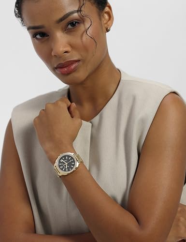 Image of Coach Kitt Qtz Multifunction Black Tonneau Dial Women's Watch|Ionic Plated Thin Gold Steel Material|Gold Color Band - 14504398