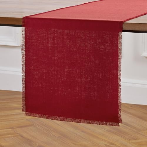 Solino Home Fringe Linen Table Runner 72 Inches Long - 100% Pure Linen Cherry Red Dining Table Runner 14 x 72 Inch for Halloween, Christmas