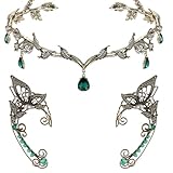 FRESHME Elf Ear Cuffs and Crown - Vintage Fairy Ear Cuffs and Green Rhinestone Fairy Crown Renaissance Prom Makeup Renfaire Cosplay Photo Prop Dress Up Accessories for Women Adult
