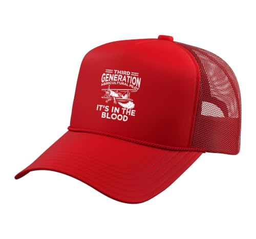 Third Generation Agricultural Pilot It's in The Blood Farmer Trucker Hat with Adjustable Mesh Back, Red