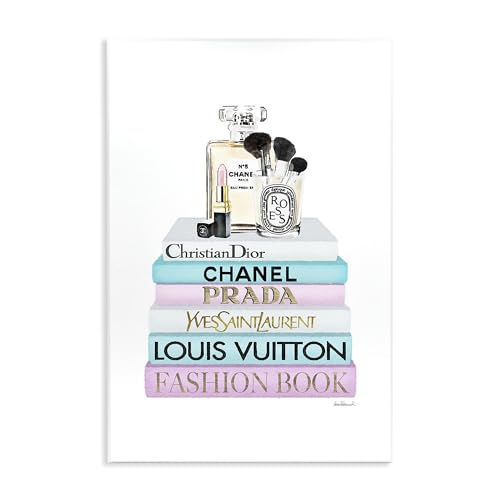 Image of 'Fashion Designer Makeup Bookstack Blue Pink'| Wall Plaque Art | Stupell Industries | 13 x 19 Inches, Easy to Hang and Sturdy, Made in USA, by Amanda Greenwood