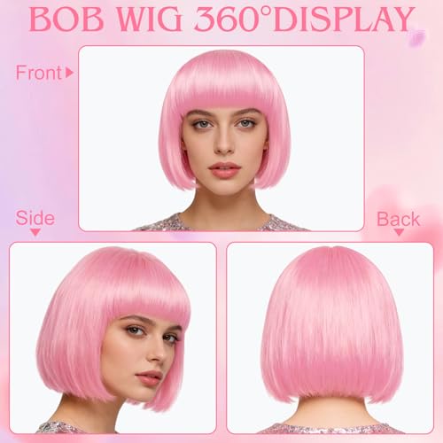 Image of MEEZY 2 Pcs Colorful Bob Wigs with Bangs Royal Blue Pink for Women, Neon Funny Wig Short Bob Hair with Heart Sunglasses Hair Cap for Halloween Costume Cosplay Birthday Bachelorette Party Carnival