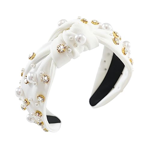 Gmmidea Pearl Knotted Women Headband Sparkle Rhinestone Jeweled Headband Wide Knot Crystal Embellished Hairband Fashion Women's Hair Accessories White