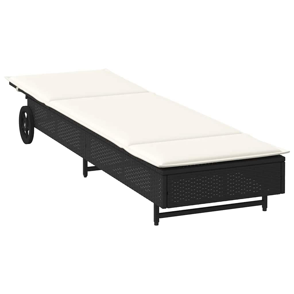 Lettino prendisole con ruote e cuscino nero, in polyrattan, schienale regolabile, con schienale regolabile in 3 posizioni, con cuscino e cuscino imbottito spesso