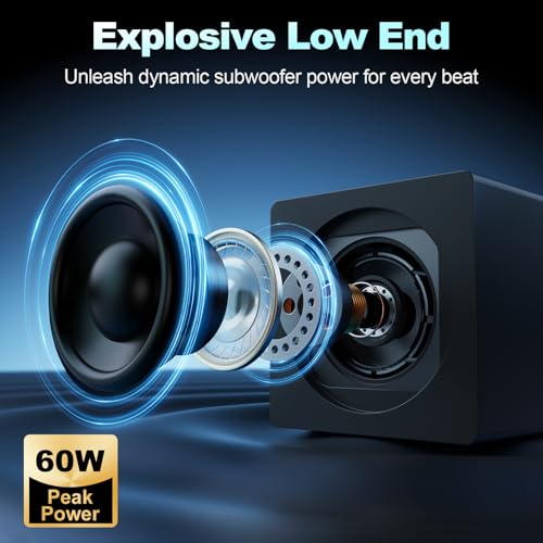 Image of Nylavee Computer Speakers with Subwoofer, 2.1 PC Speakers System with 8 Lighting Modes, 60W Peak Power, AC Adapter Powered, Bluetooth 5.4, USB /USB-C and 3.5mm Aux in for Desktop, Monitor, Gaming