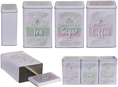 Almineez Retro Set of 3 Stainless Steel Tea Coffee Sugar Jar Canisters Kitchen Container Tins Storage Organiser Set Air Tight Vintage Design (Pink)