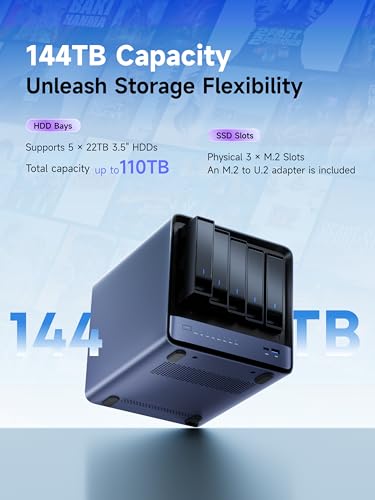 Image of MINISFORUM N5 Air 5-Bay Desktop NAS with up to 174TB Storage, AMD Ryzen 7 255 (8C /16T) CPU, 16GB DDR5 RAM (up to 96GB), 64GB SSD, 1x 10GbE, 1x 5GbE, 2X USB4 (8K), HDMI 8K, OCuLink, 3X M.2 Slots