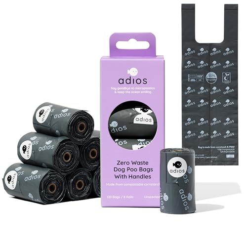 Adios Plastic - Compostable Dog Poop Bags with Handles 120 Count (8 Rolls) - Grey Colour - Extra Thick Leakproof Odour Proof Dog Waste Bags - Made from Compostable Cornstarch - Easy Tear Rolls