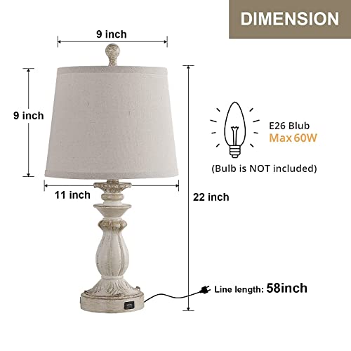 Topotdor Farmhouse Table Lamp Set Of 2 With Usb Charging Port,22" Traditional Rustic Bedside Lamp With Tapered Drum Shade For Bedroom Living Room Office (White Washed) #TOP7