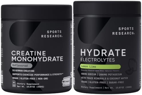 Sports Research Gym Pro Pack - Creatine Monohydrate Powder w/Creapure Gain Lean Muscle, Improve Performance, Support Workout Recovery + Hydrate Electrolytes Powder with Vitamins, Minerals and Coconut