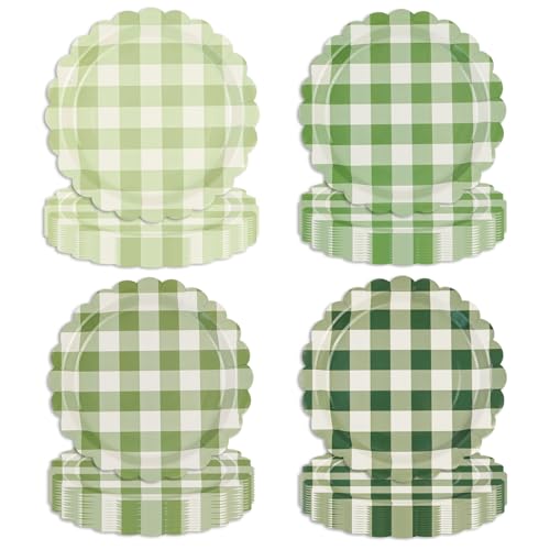HFBOBP Lot de 48 assiettes en carton vert sauge dégradé - Bord ondulé - 4 designs pour goûter, anniversaire, fête prénatale