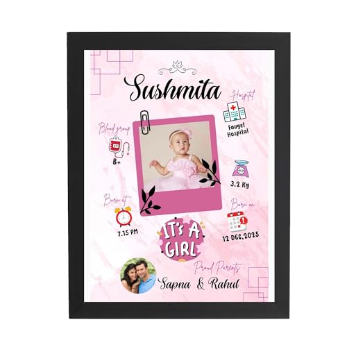 Image of ASHVAH Customized Collage New Born Baby Photo Frame with Photo Upload for Girl with Parents and Birth Details - A3 Size, 13x19 Inch