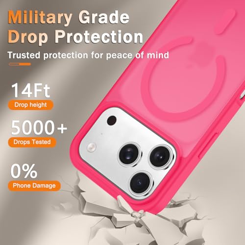 Image of YENAPOON for iPhone 17 Pro Max Case, Matte Magnetic Phone Cover [with 1 Screen Protector] [Support for MagSafe] [Shockproof Military Grade Protection] Translucent Frosted Back, Hot Pink
