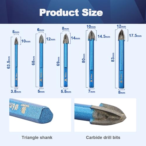 Image of Masonry Drill Bit BRSCHNITT 3 /16 inch,1 /4 inch*4,5 /16 inch*2,3 /8 inch*2,1 /2 inch Carbide Tips Concrete Drill Bit Set for Pots Bottles Ceramic Tile Glass Brick Ceramic Triangle Shank