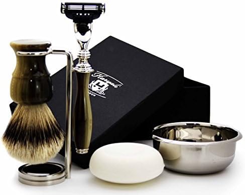 5 Pc Mens Shaving Kit 3 Edge Razor With Silver Tip Badger Hair Shaving Brush, Stand, Soap and Bowl Perfect Set For Men