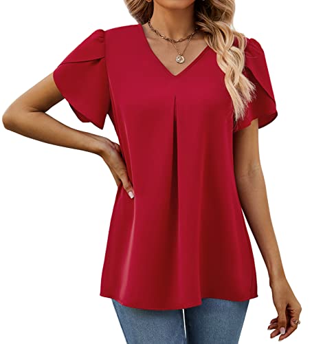 Funlingo Women's Summer Casual Tops V Neck Petal Short Sleeve Flowy Chiffon Blouses Dressy Shirts Red 3X-Large #TOP1