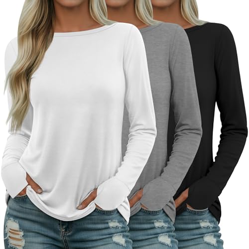 Riyiper 3 Pack Women's 95% Cotton Long Sleeve Shirt with Thumb Hole, Boat Neck Casual Tunic Tops 2026 Fall Trendy Basic Tees(Black, White, Gray,Large)