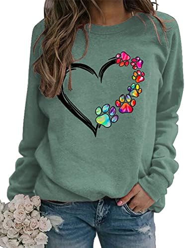 Sunidol Womens Dog Mom T-Shirts Dog Paw Print Multicolor Heart Print Long Sleeve Crewneck Pullover Casual Sweatshirts Tops Green XL