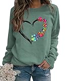 Sunidol Womens Dog Mom T-Shirts Dog Paw Print Multicolor Heart Print Long Sleeve Crewneck Pullover C