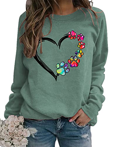 Sunidol Womens Dog Mom T-Shirts Dog Paw Print Multicolor Heart Print Long Sleeve Crewneck Pullover Casual Sweatshirts Tops Green Xl #TOP2