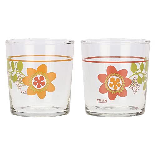 THUN - Set di 2 Bicchieri per Acqua in Vetro Cristallino con Decorazione Floreale Primaverile, Linea Fiori e Fantasia, Ø 8.5 cm