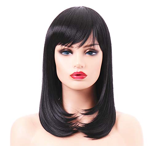 BESTUNG Longitud del hombro 40,64 cm pelucas rectas para mujeres negro natural peluca completa sintética con flequillo para disfraz de cosplay o fiesta Cover