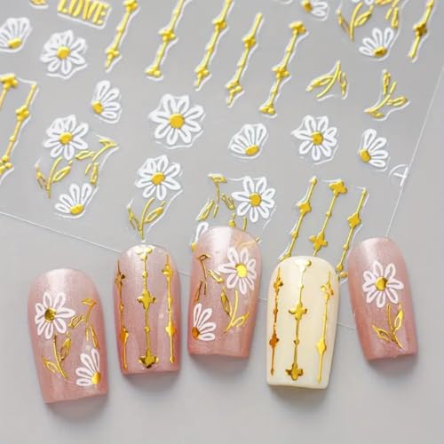Flower Nail Art Stickers Decals 3D Golden Flowers Nail Stickers 6PCS Golden Edge Camellia Petals Daisy Floral Self-Adhesive Nail Decals Manicure Sliders Supply for Women Summer Nail Art Decorations