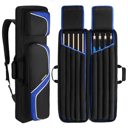 Jaffzora Pool Cue Case 4x5, Billiard Cue Carrying Case Holds 4 Butts and 5 Shafts, Pool Stick Bag with 14Pockets and Shoulder Straps, Black (Bag Only)
