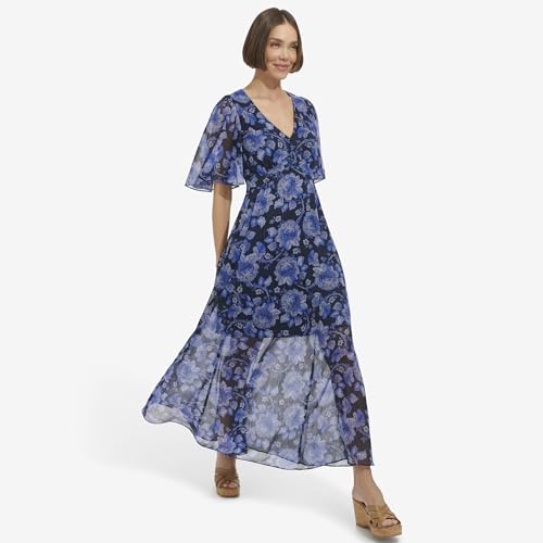 Image of Tommy Hilfiger Women's Elbow Sleeve V-Neck Empire Waist Chiffon Dress